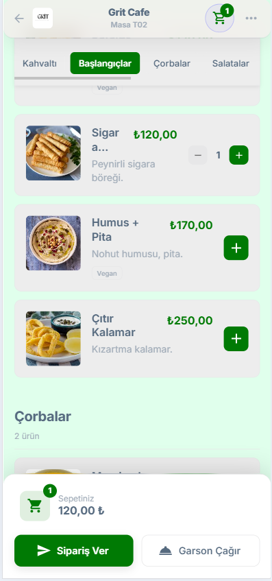 Patron Mobil QR menü dijital menü ekranı